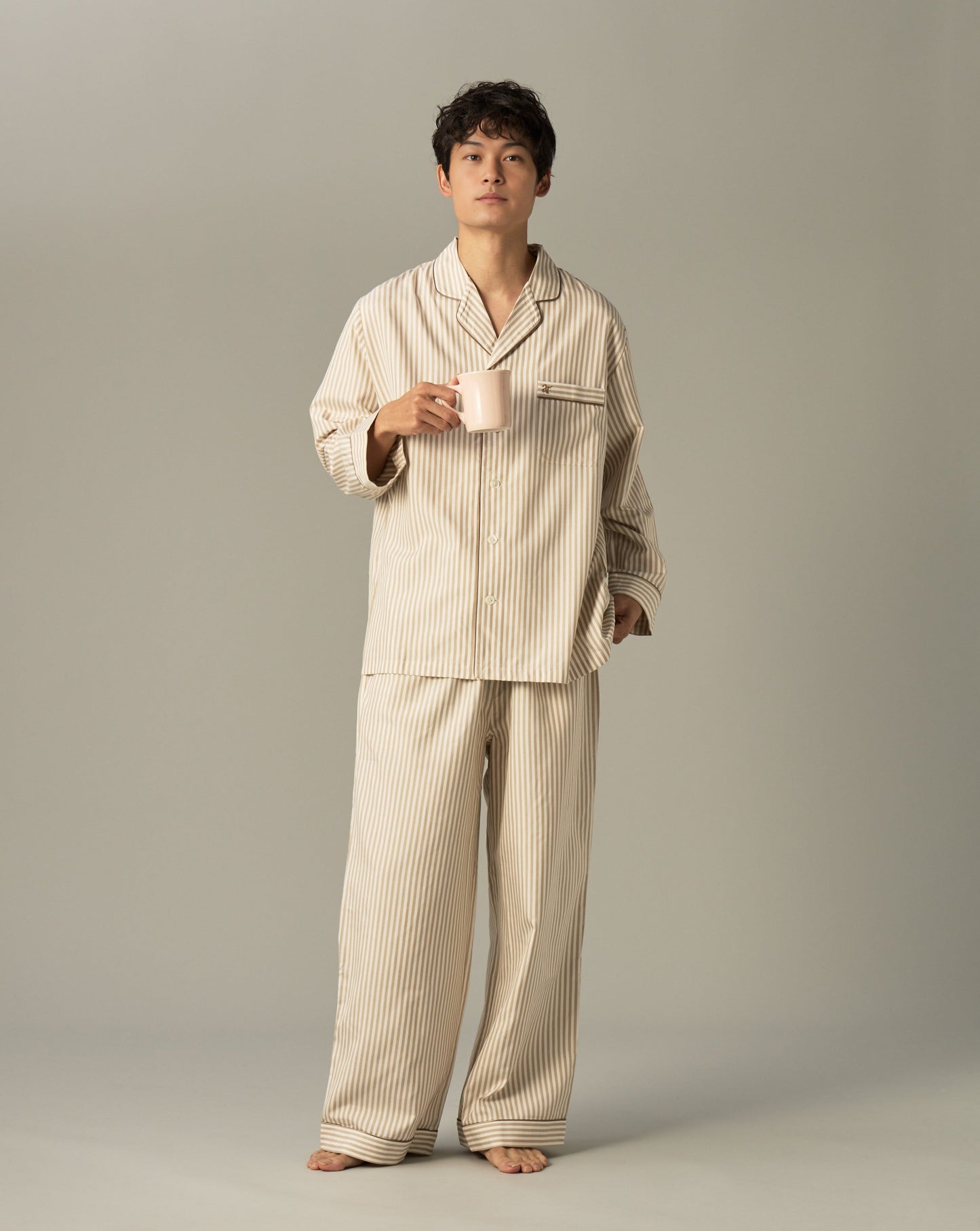 Silk Striped Pajama Set (BEIGE)