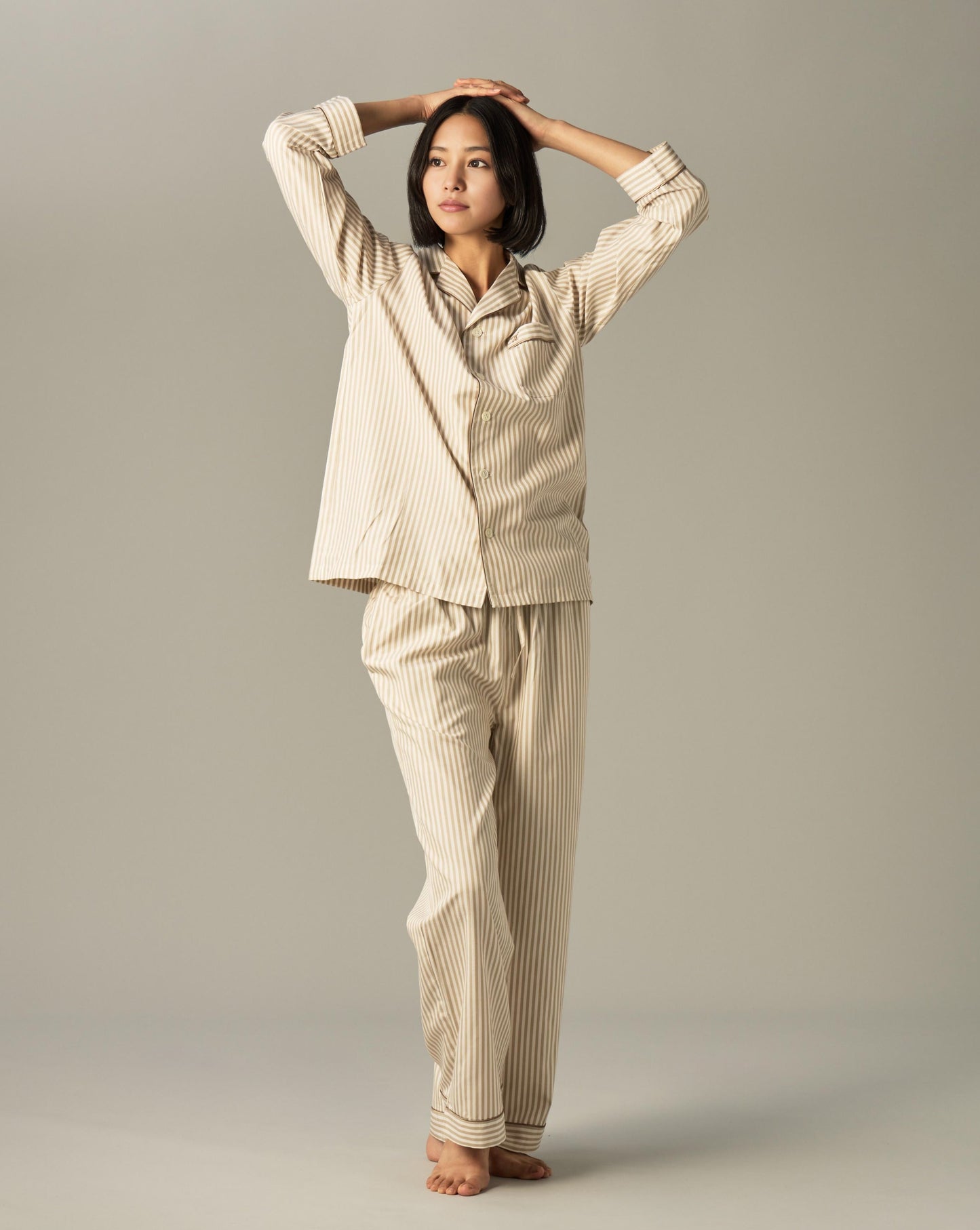 Silk Striped Pajama Set (BEIGE)